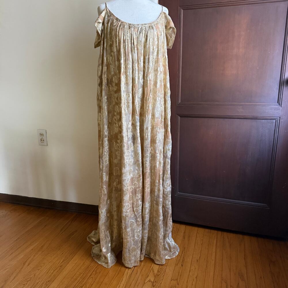 Mes Demoiselles Paris | Gold Jacquard Gauze Trapeze Maxi Dress Drape Sleeves 36